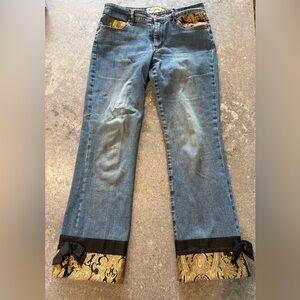 Blue Women's Jeans with Gold Brocade Cuff Detail